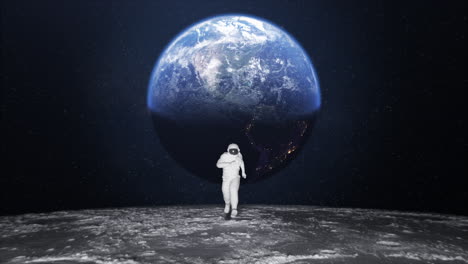 Astronaut-in-spacesuit-run-with-low-gravity-on-moon-surface-with-starry-space-background.